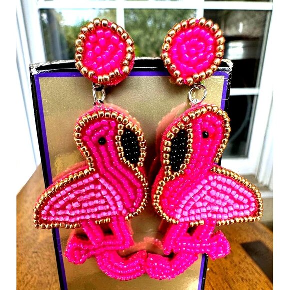 Flamingo Earrings Beaded Dangle Post New Pink Statement Jewelry Caribbe… - Picture 8 of 12